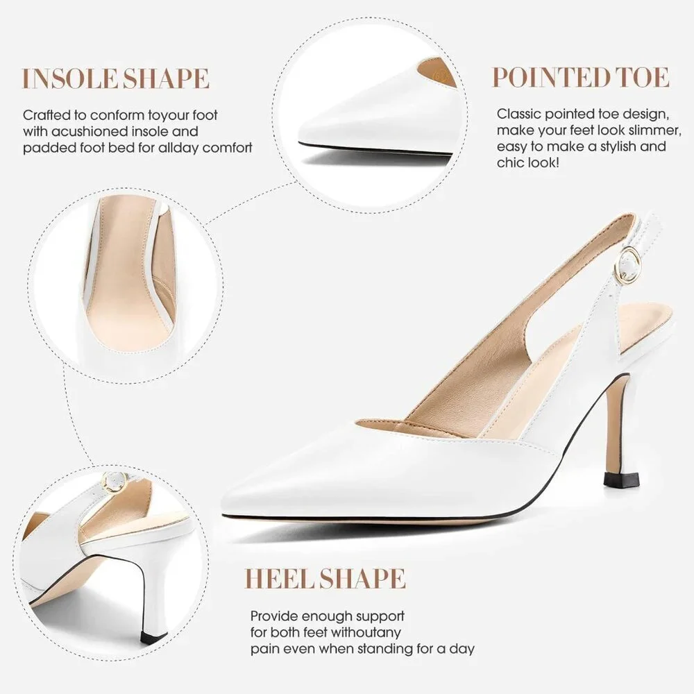 Women's White PU Kitten Heels Closed Pointed Toe Wedding Party Dress Pumps